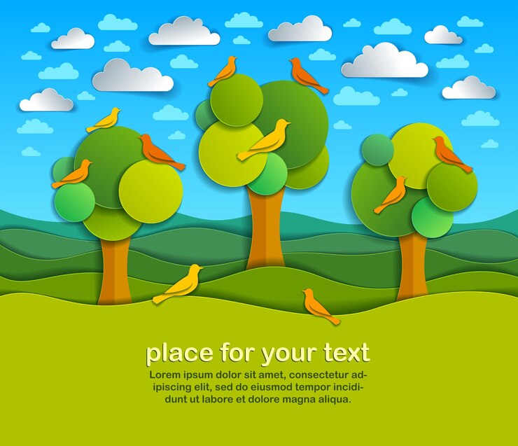 Vector three trees with birds in the field scenic nature landscape cartoon modern style paper cut vector illustration.