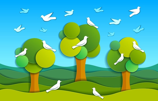 Three trees with birds in the field scenic nature landscape cartoon modern style paper cut vector illustration.