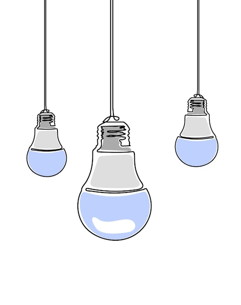 上からぶら下がっている電球を3つ点灯 電球の青い連続1線画 アイデア出現のコンセプト ベクターイラスト