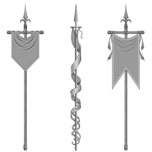 Vector three types of medieval pennant on a spear