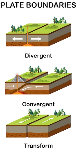 Vector three types of tectonic boundaries