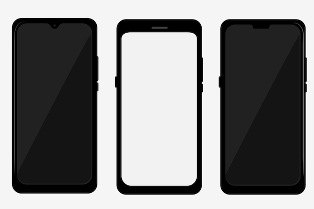 リアルなフラットカラーブラックスマートフォンの3つのベクトルの異なるモデル