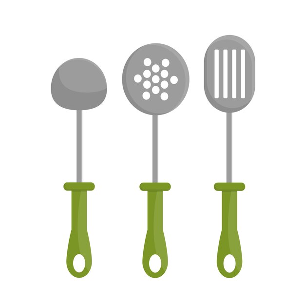 Three vector illustration with soup ladle kitchen spatula spoon with holes