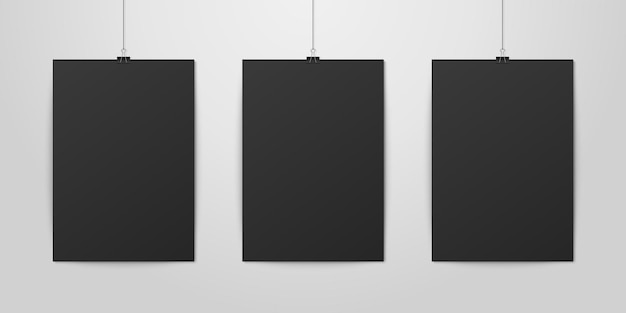 Three Vector Realistic Black Blank Vertical A4 Paper Poster Hanging on a Rope with Binder Clip Set on White Wall mockup Empty Poster Design Template for Graphics Mockup