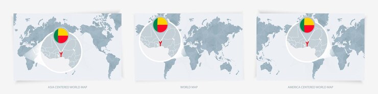 Vector three versions of the world map with the enlarged map of benin with flag