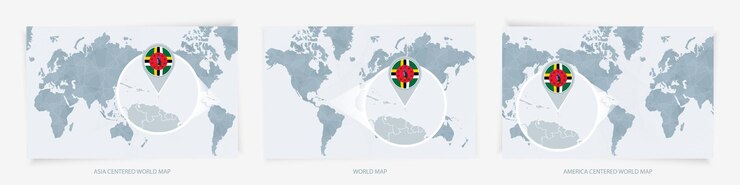 Вектор три версии карты мира с увеличенной картой доминики с флагом