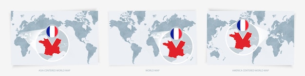 Three versions of the World Map with the enlarged map of France with flag