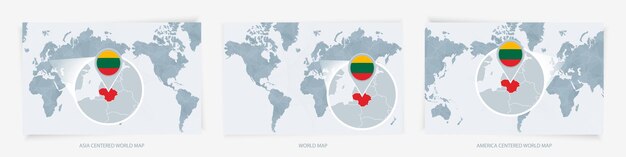 世界地図の3つのバージョンで,リトアニアの国旗の拡大地図があります.