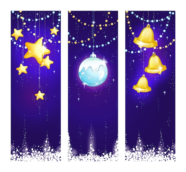 Three vertical christmas illustration with luminous christmas decorations