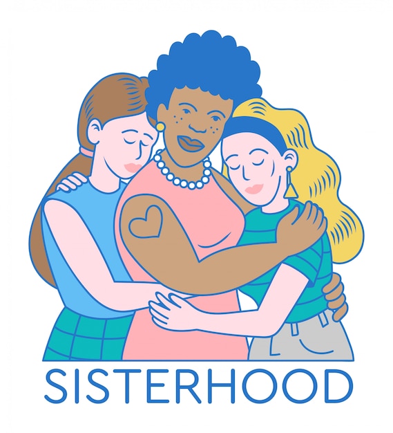 Three very cute and strong women and girls which hug each other together. Sisterhood worldwide support between feminist women.