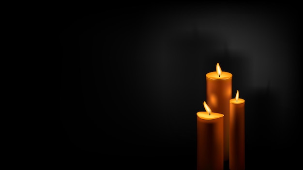 Vector three wax candles with spot of light and shadows on black background with copy space symbol of grief and memory for the dead horizontal vector