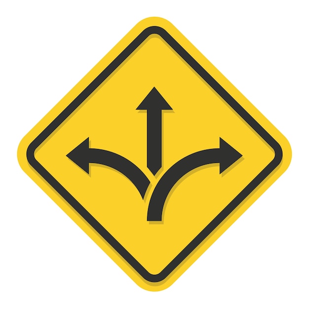 Three way direction sign way choice concept road arrow icon isolated