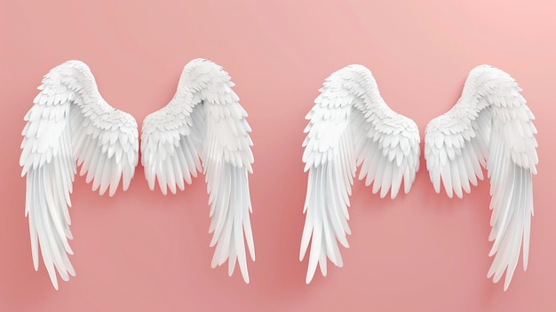 Three white angel wings on a pink background