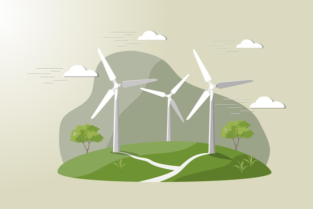 three wind turbines are shown in a field with a cloudy sky in the background