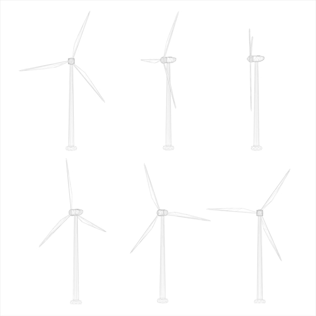 Three wind turbines set of vector images concept natural energy