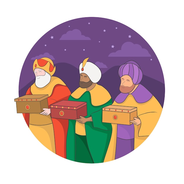 Three wise men, magic kings of orient cartoons. Vector illustration