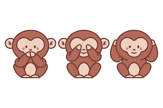 Three wise monkeys vector cartoon illustration isolated on a white background.