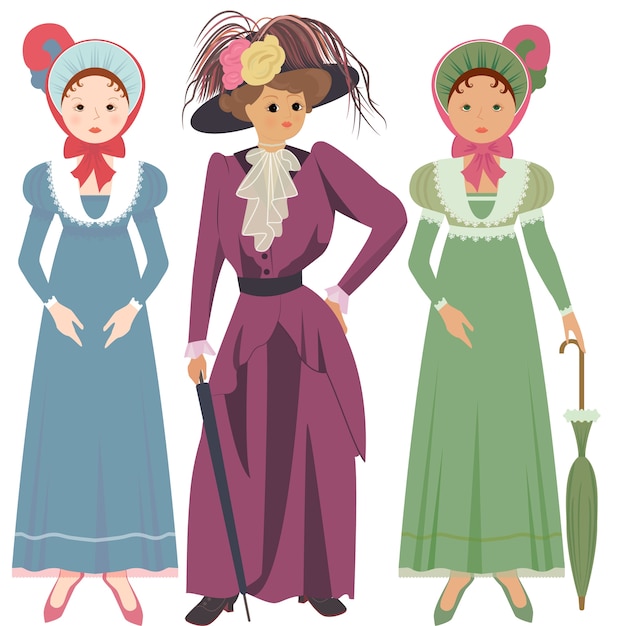 Three woman in vintage dresses and hats.