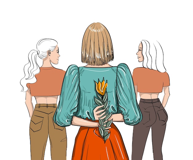 Vector three women from back with one flower