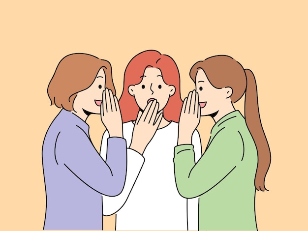 Vector three women gossip and discuss latest news sharing secrets or deepest desires with girlfriends girls spread rumors and gossip with colleagues at work feeling surprised by information they heard