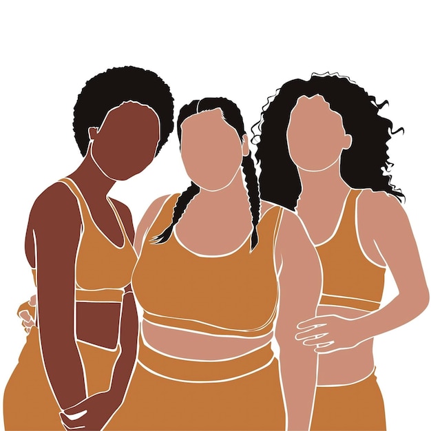 Vector three women in orange dresses standing next to each other