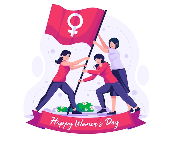 Три женщины поднимают флаг, символизирующий женский род. Иллюстрация концепции женского дня