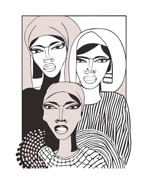 Three women stand together Silhouettes of Strong and brave girls look forward Sisterhood and females friendship Vector illustration