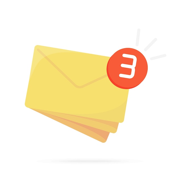 Three yellow envelope icon with red circle and number 3 on white background