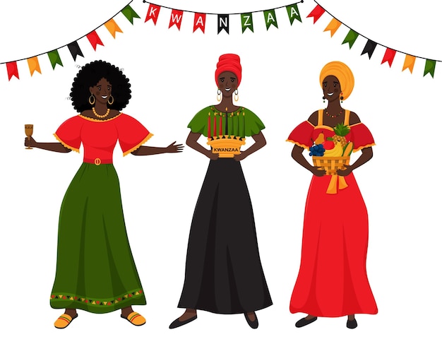 Three young african women holding in their hands traditional symbols of Kwanzaa Unity Cup Kikombe Cha Umoja Basket with fruits Mazao Candle holder Kinara Vector illustration on white