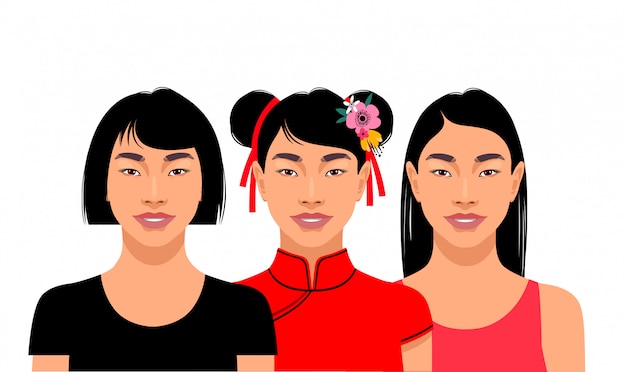 ベクトル 3人の若い魅力的なアジアの女性