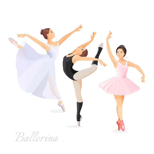 Tre giovani ballerini in piedi in posa design piatto su sfondo bianco. set di schizzi disegnati a mano. illustrazione di ballerine in abiti da ballo speciali