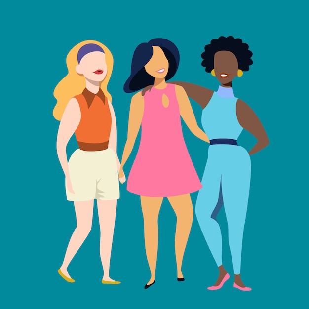 three young beautiful women in a moment of friendship. modern flat style illustration