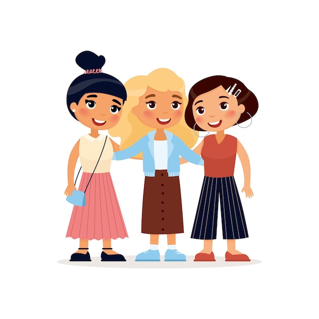 Vector three young cute girls hugging funny cartoon characters