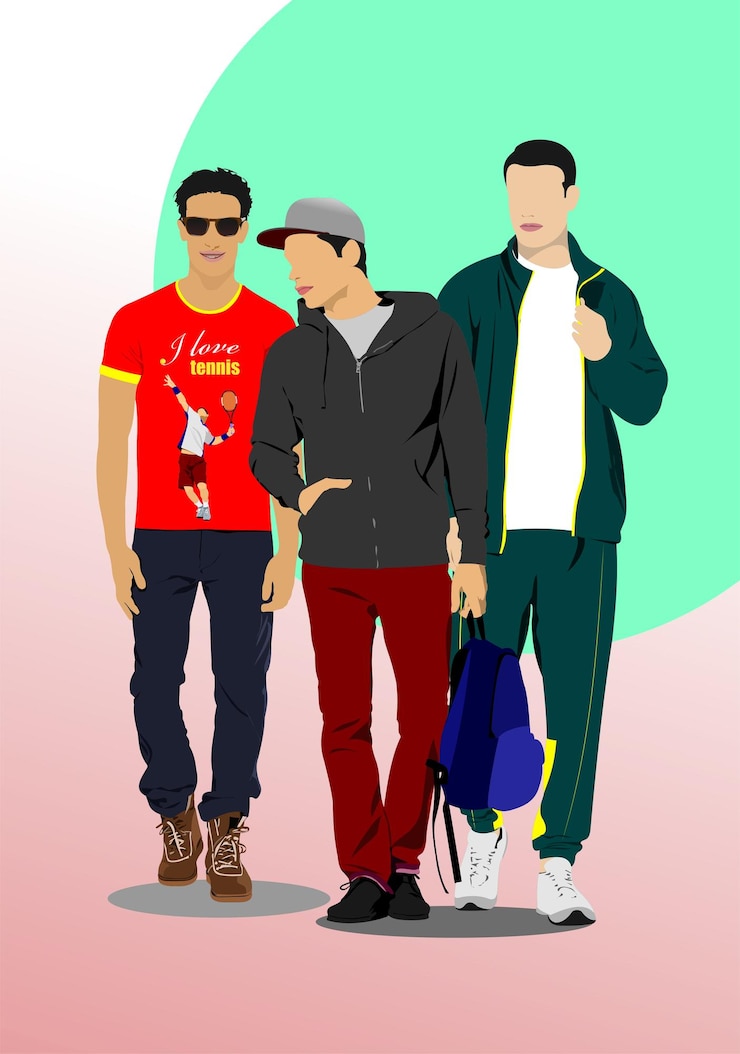Vector three young handsome sportsmen teenager vector 3d illustration hand drawn illustration