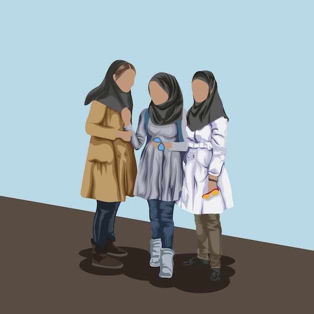 Vector three young muslim iranian girls in hijab talking