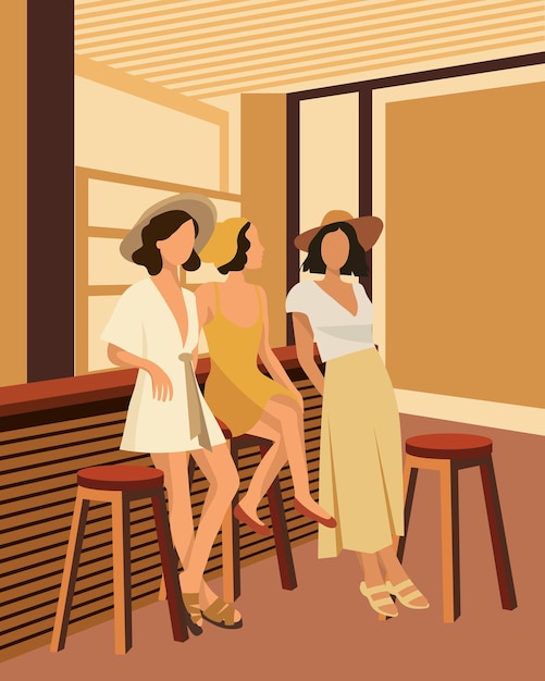 Vector three young women are relaxing in a bar bachelorette party the concept of feminism