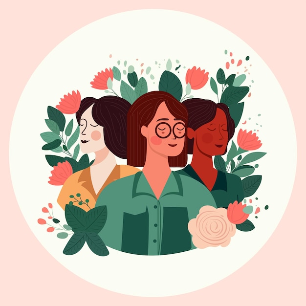 Three Young Women Characters Smiling On Floral Decorated Background Happy Women's Day Concept