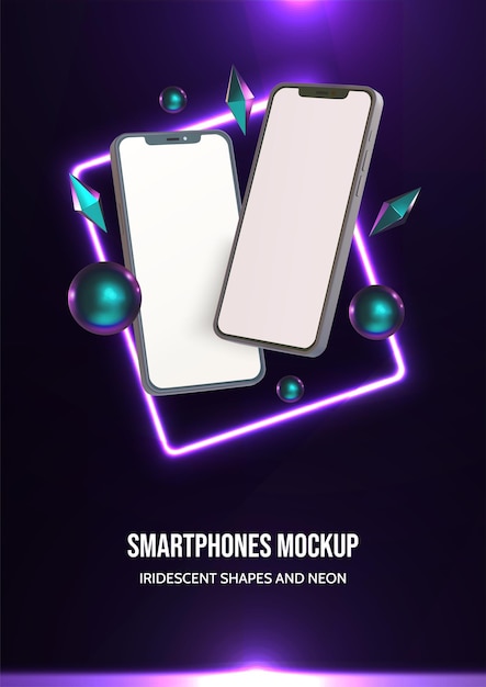 Threedimensional smartphone mockup with iridescent 3D shapes and glowing neon