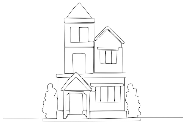 A threefloored house with trees Housing one line illustration