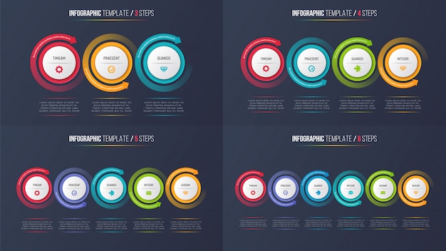 Threesix steps infographic process charts with circular arrows.