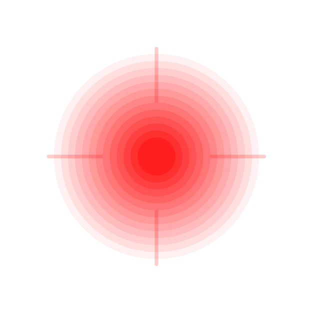 Vettore dolore alla gola o dolore alle articolazioni bersaglio cerchio rosso icona vettoriale dolore localizzazione punto di dolore dolore e dolore di mal di denti dolore allo stomaco e mal di testa