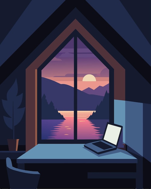 Vector through the windows of a charming riverbank cabin a laptop can be seen on a desk inside its soft