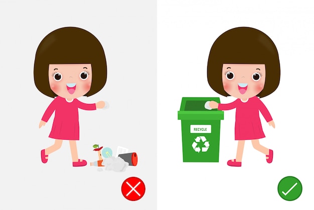 Do not throw littering butts on the floor,wrong and right, female character that tells you the correct behavior to recycle. background  illustration