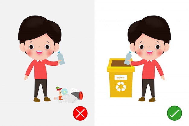 Vettore non gettare mozziconi di rifiuti sul pavimento, sbagliato e giusto, personaggio maschile che ti dice il comportamento corretto da riciclare. illustrazione di sfondo