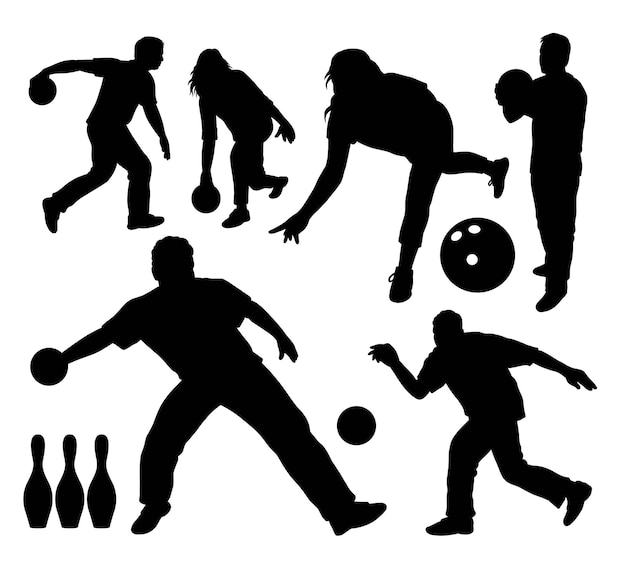 Throwing exercise male and female bowling sport player silhouette