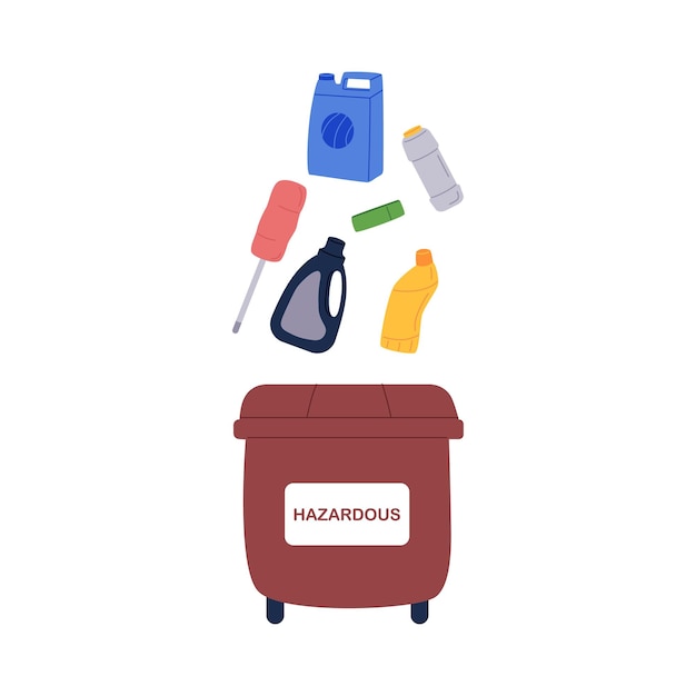 Throwing hazardous waste garbage into brown container for household chemicals hazards dangerous trash dumpster rubbish dustbin flat vector illustration isolated on white background