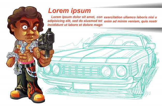 Thug character is carrying gun and car outline background.