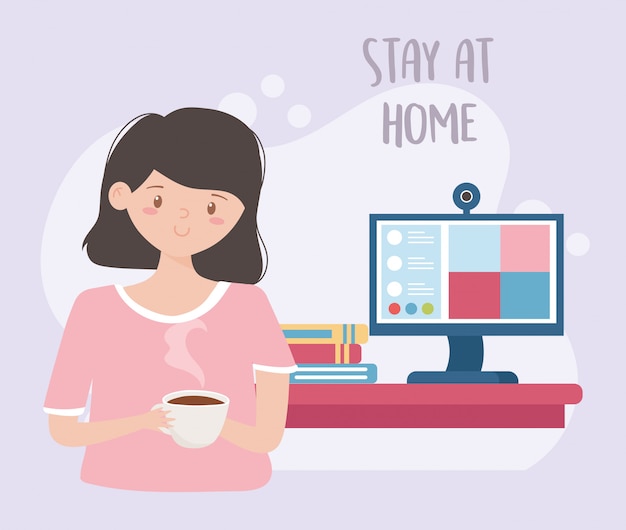 Thuis blijven, vrouw met koffiekopboeken en computer studeren