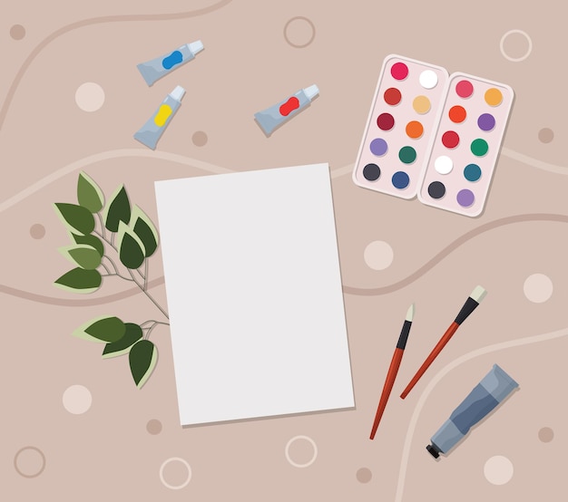 Thuis creatieve kunstruimte Aquarellen verfbuizen papierborstels bladtak op tafel Vector