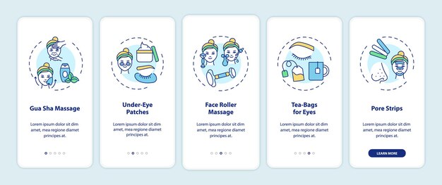 Thuis gezichtsverzorgingsprocedures onboarding mobiele app-paginascherm met concepten. Gua sha massage, face roller walkthrough 5 stappen grafische instructies. UI-sjabloon met RGB-kleurenillustraties